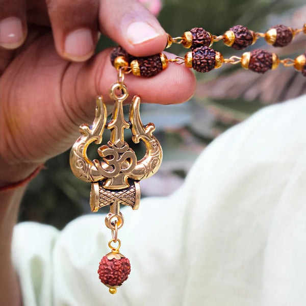 Gold Plated Rudraksha Shiva Trishool Necklace